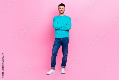 Full body photo of young nice guy folded hands promoter professional expert dressed stylish blue look isolated on pink color background