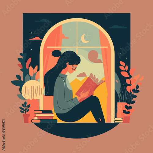 young woman enjoy sitting reading book hygge concept vector illustration