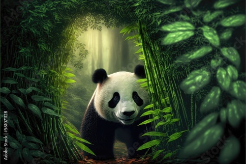 Cute panda in the middle bamboo forest. Generative AI