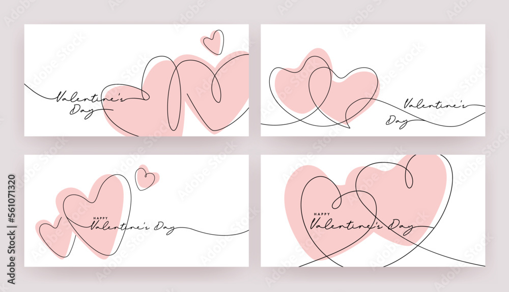 Valentine's day, Love and care concept. Hearts continuous one line drawing border. Hearts in modern line art style isolated on white background. Decoration elements with lettering for Valentines card Valentine's day, Love and care concept. Hearts continuous one line drawing border. Hearts in modern line art style isolated on white background. Decoration elements with lettering for Valentines card