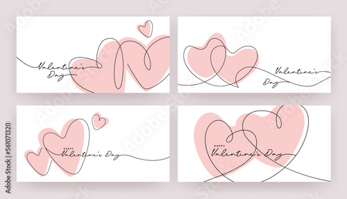 Valentine's day, Love and care concept. Hearts continuous one line drawing border. Hearts in modern line art style isolated on white background. Decoration elements with lettering for Valentines card