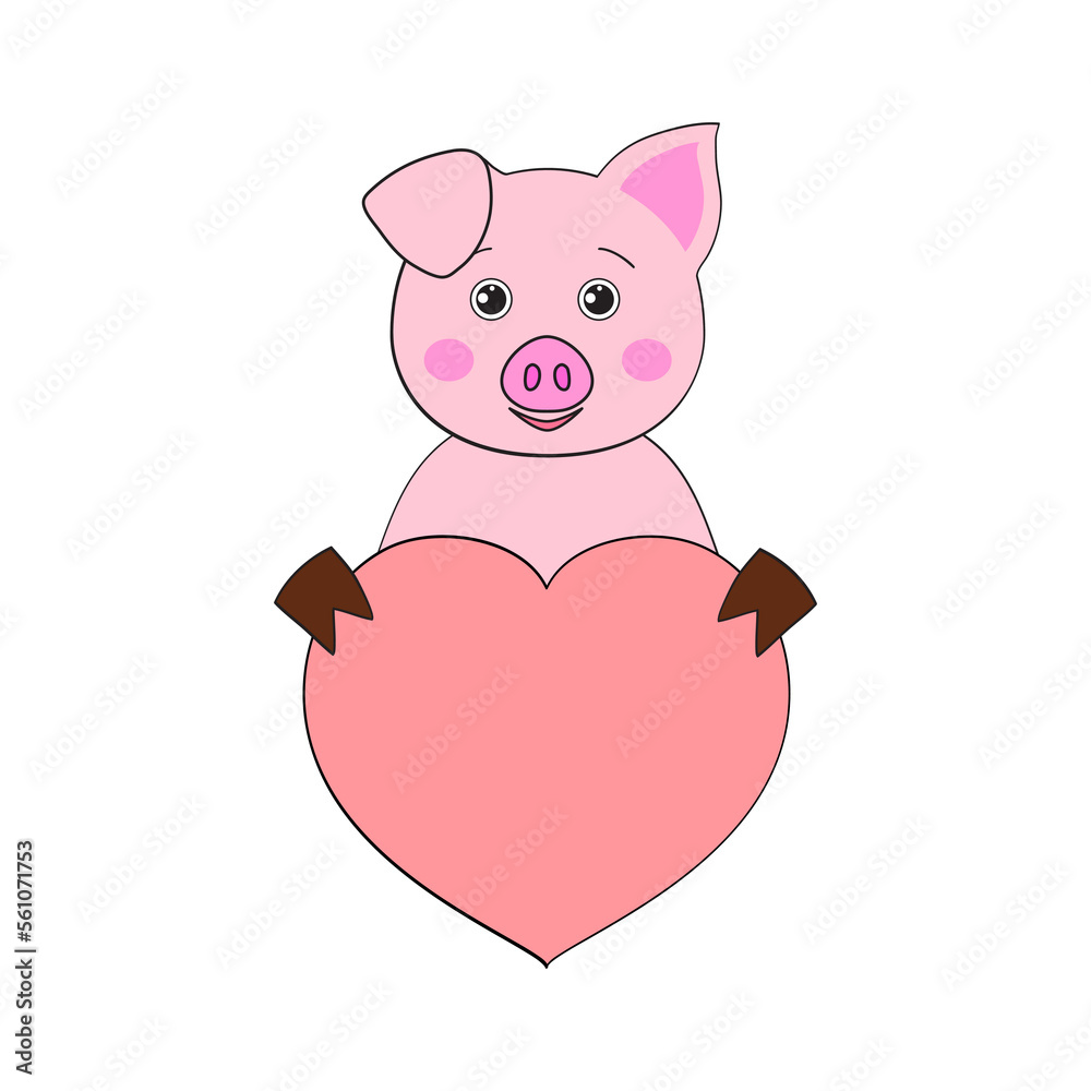 Cute pig with a heart. Valentine card in kawaii style. For the design of prints, posters, stickers, cards and so on. Vector illustration on white background Cute pig with a heart. Valentine card in kawaii style. For the design of prints, posters, stickers, cards and so on. Vector illustration on white background