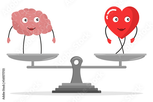 Emotional Quotient and Intelligence. Heart and Brain concept. Conflict between emotions and rational thinking. Vector illustration.