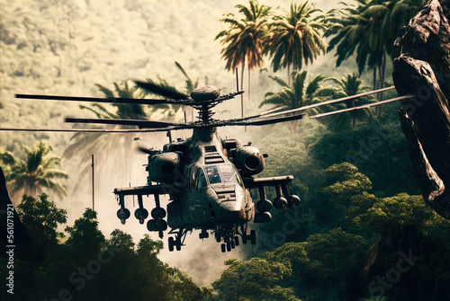 Helicopter gunship rains down missile and machine gun fire. Action scene. Made with Generative AI.	
