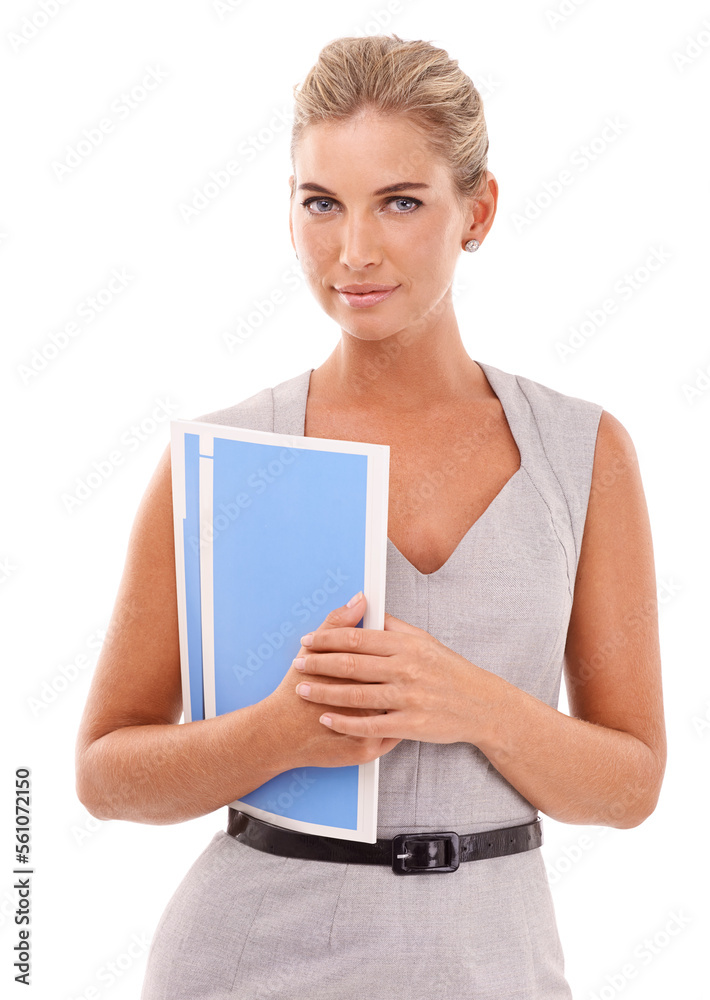 Portrait, businesswoman and paper folder with white background, documents and report. Female corporate worker, employee and paperwork in studio of receptionist, young entrepreneur or secretary staff