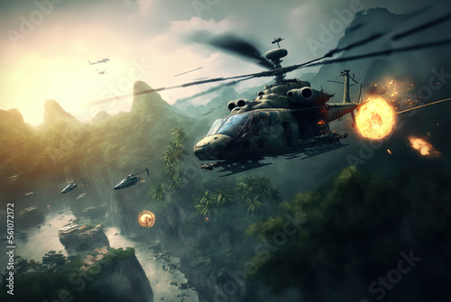 Helicopter gunship rains down missile and machine gun fire. Action scene. Made with Generative AI.	
