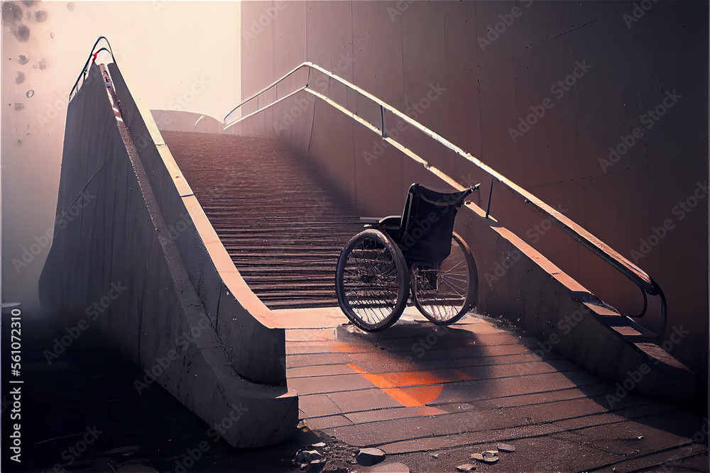 wheelchair by a flight of stairs symbolizing accessibility and mobility issues in the city, generative AI - obrazy, fototapety, plakaty 