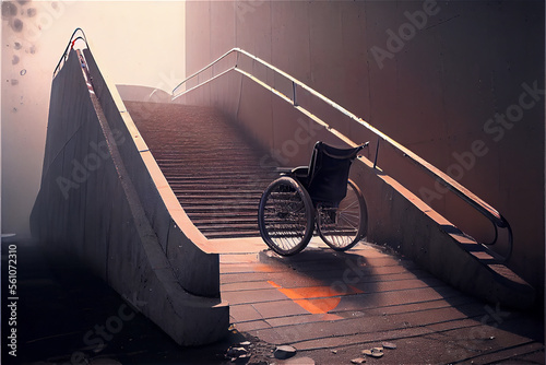 wheelchair by a flight of stairs symbolizing accessibility and mobility issues in the city, generative AI photo