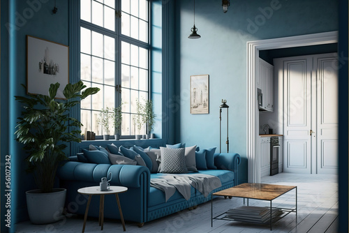 Loft and vintage interior of living room  Blue sofa on white flooring and blue wall.