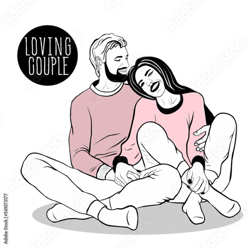 couple in love, sitting on the floor, on the carpet. the embrace of loving couple. In style of sketch, doodle. man and woman in passion. concept of romance and love. Valentine's Day.