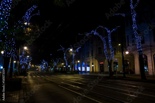 Night street in the city of Szeged in winter