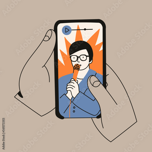 Hands holding a smartphone. Person with microphone on screen. Watching video online, stand up, concert, tv application, live streaming, mobile app concept. Hand drawn isolated illustration