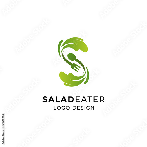 letter s for salad logo design with leaves, spoon and fork