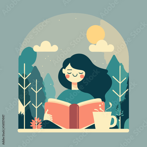 young woman enjoy sitting reading book hygge concept vector illustration