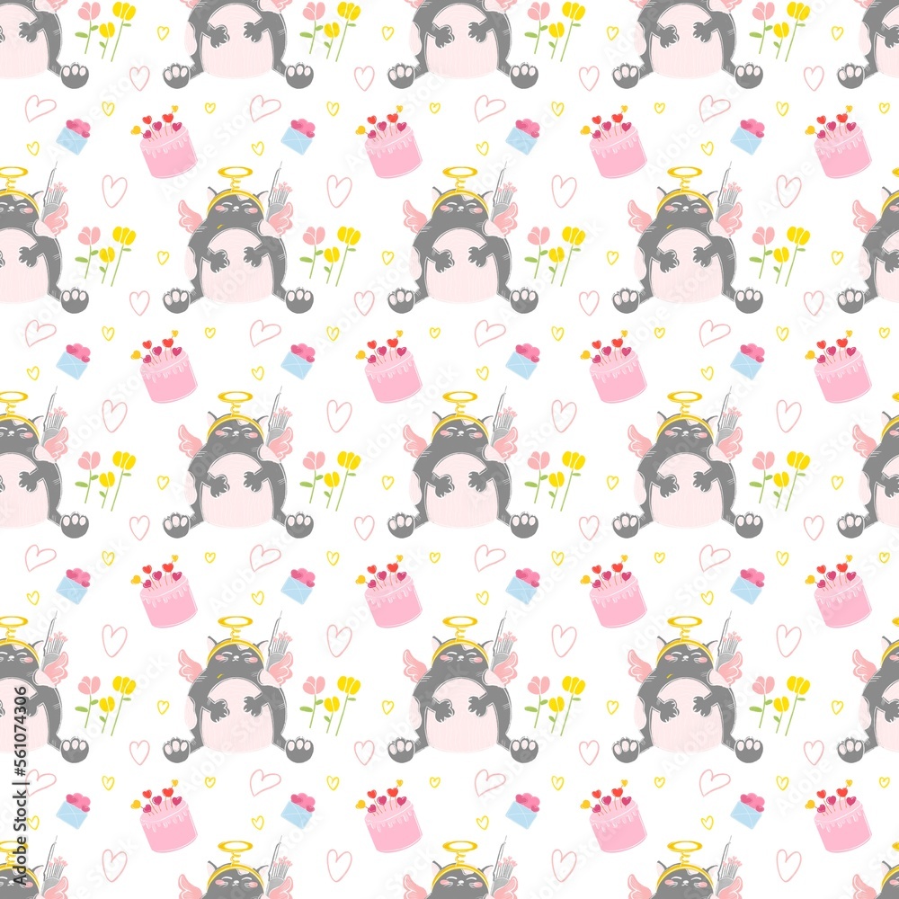 seamless pattern with a cupid cat for valentine's day