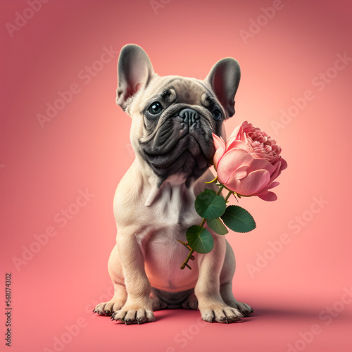 Bulldog francese felice con rose e sfondo rosa per san valentino photo