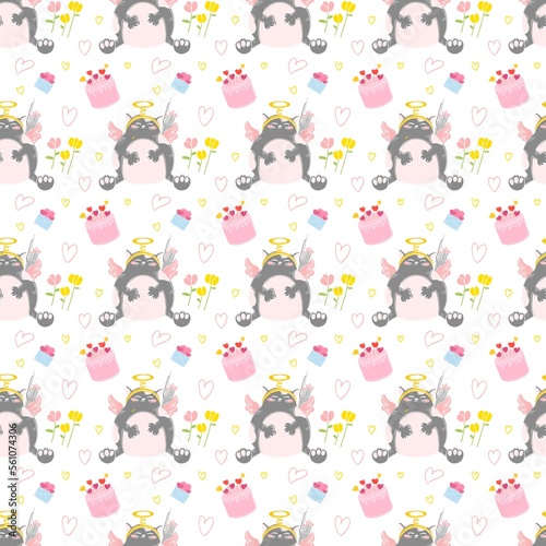 seamless pattern with a cupid cat for valentine s day