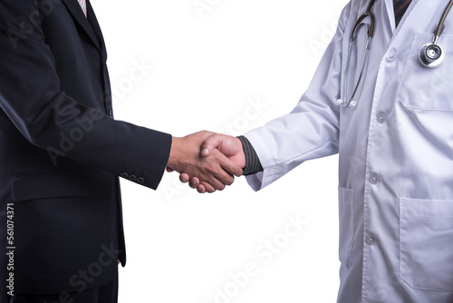 Doctor shaking hand with businessman on transparent background