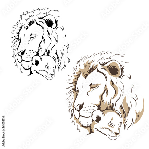 Lions Mascot Lions Father and baby son. Lion cub hugs dad. Family. african animals.  Line art. Close-up. Clip art. Hand Painting. Ink. Black and white. Vector