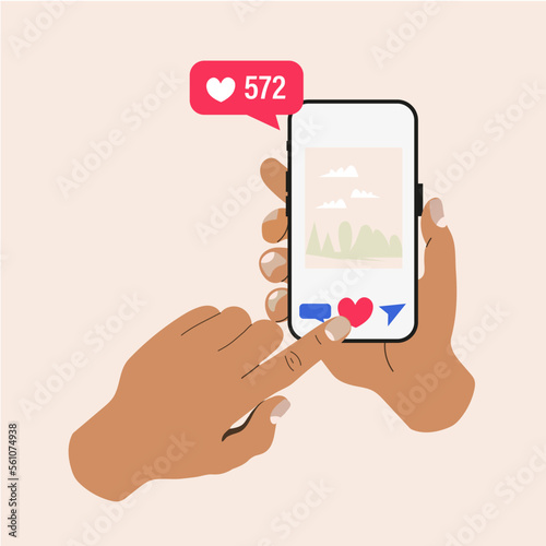 Hand holding phone with red heart. Sending love messages on smartphone. Chatting with friends. Social media addiction.  Illustration