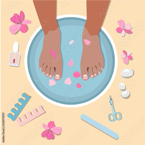 Spa pedicure top view vector illustration. Female feet in a bowl with water. Feet and hand treatments. Manicure and pedicure equipment, spa stones and flowers. Hand-drawn feminine salon design.
