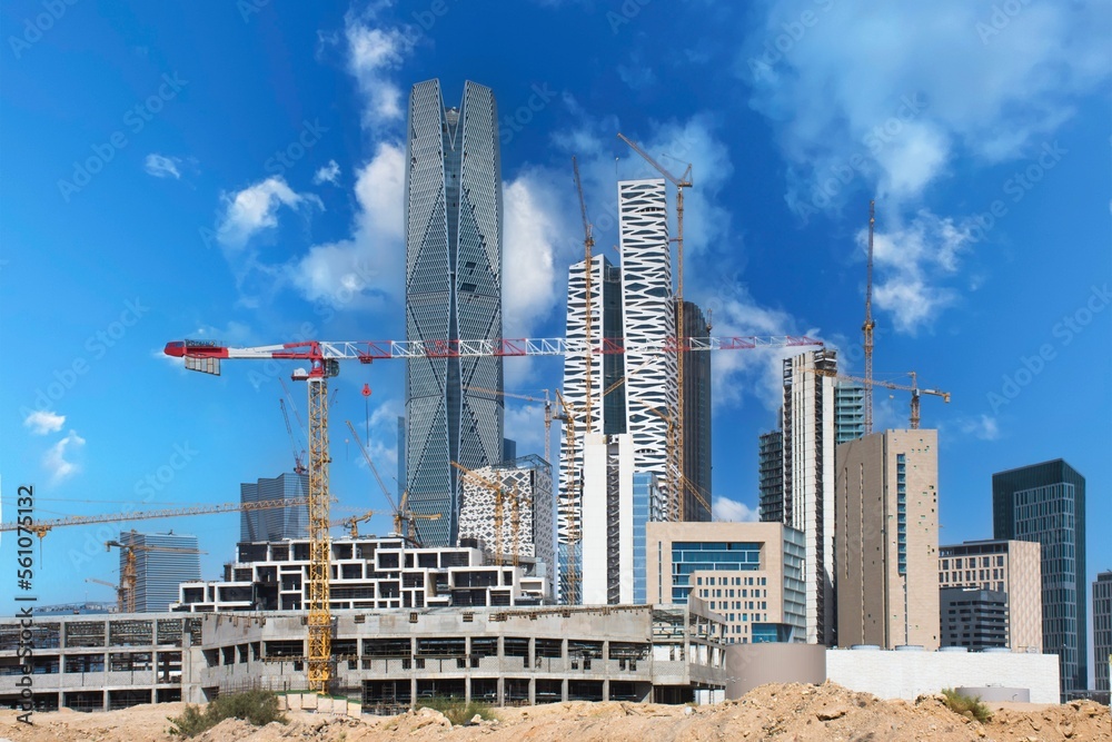 Riyadh, Saudi Arabia, KSA - December 02, 2017 new buildings being constructed in the new King Abdullah Financial District in Riyadh with clouds 