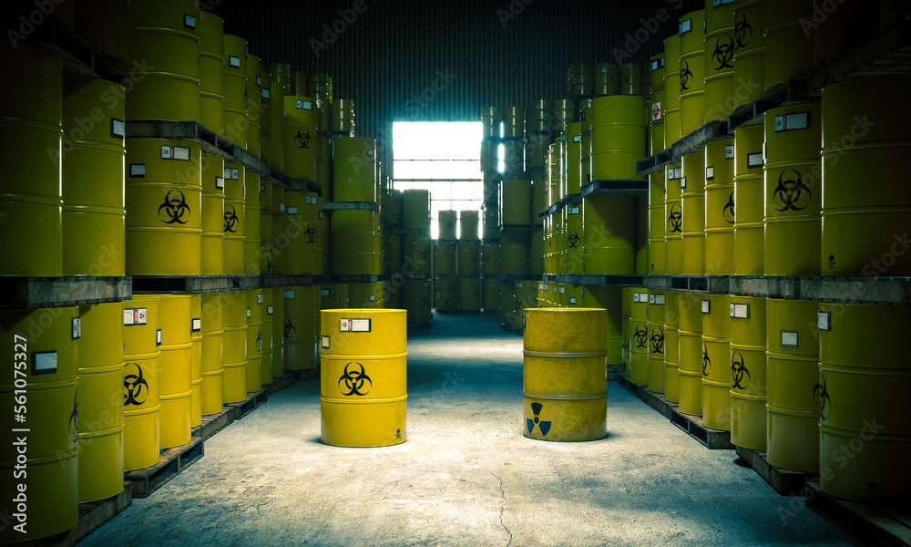 depot with storage of yellow barrels with radioactive and harmful waste. - obrazy, fototapety, plakaty 