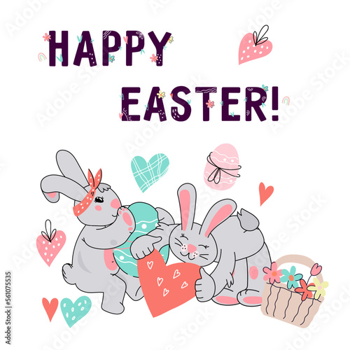 Happy Easter card or poster design with bunnies and easter eggs, hand drawn doodle kawaii style vector illustration. Easter greeting card with cute rabbits characters.