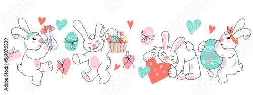 Easter background with bunny and flowers. Cute funny bunny or rabbit characters for Easter cards and holiday invitation, doodle kawaii style vector illustration isolated on white.