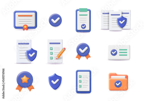 Approve Related 3d Icons. Quality guarantee certificate. Protection Guarantee, Document agreeing, Quality Check