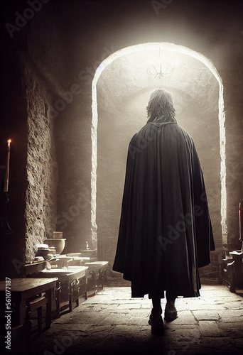 Fantasy hooded man in cellar walking away medival realistic concept art 3D render