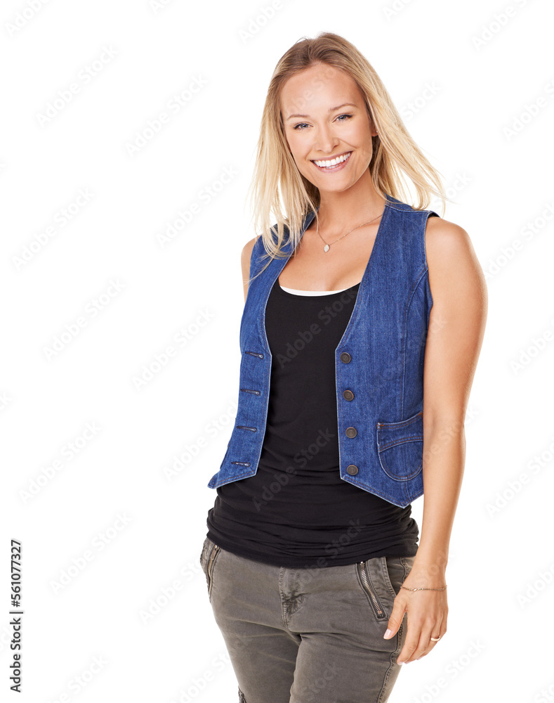 Fototapeta premium Fashion, happy and portrait of a woman in a studio with a positive mindset, smile and joy. Happiness, beauty and female model from Australia with a casual outfit by white background with mockup space