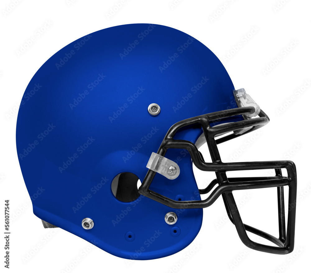 A side view of a blue & black American football helmet with a