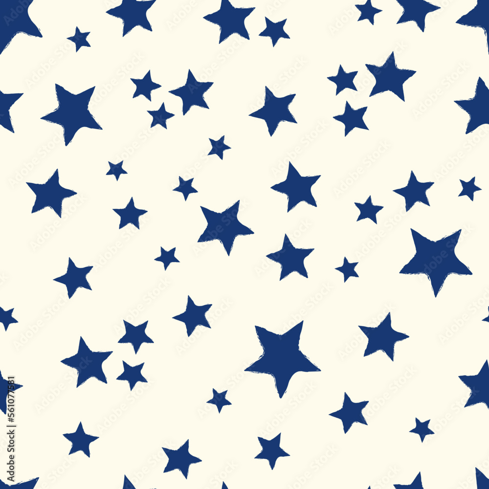All over seamless repeat pattern with dark navy blue stars with grunge edges tossed on cream. Versatile trendy modern background