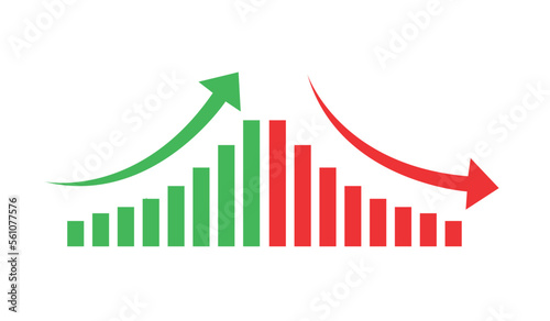 Graph going Up and Down sign with green and red arrows vector. Flat design vector illustration concept of sales bar chart symbol icon with arrow moving down and sales bar chart with arrow moving up