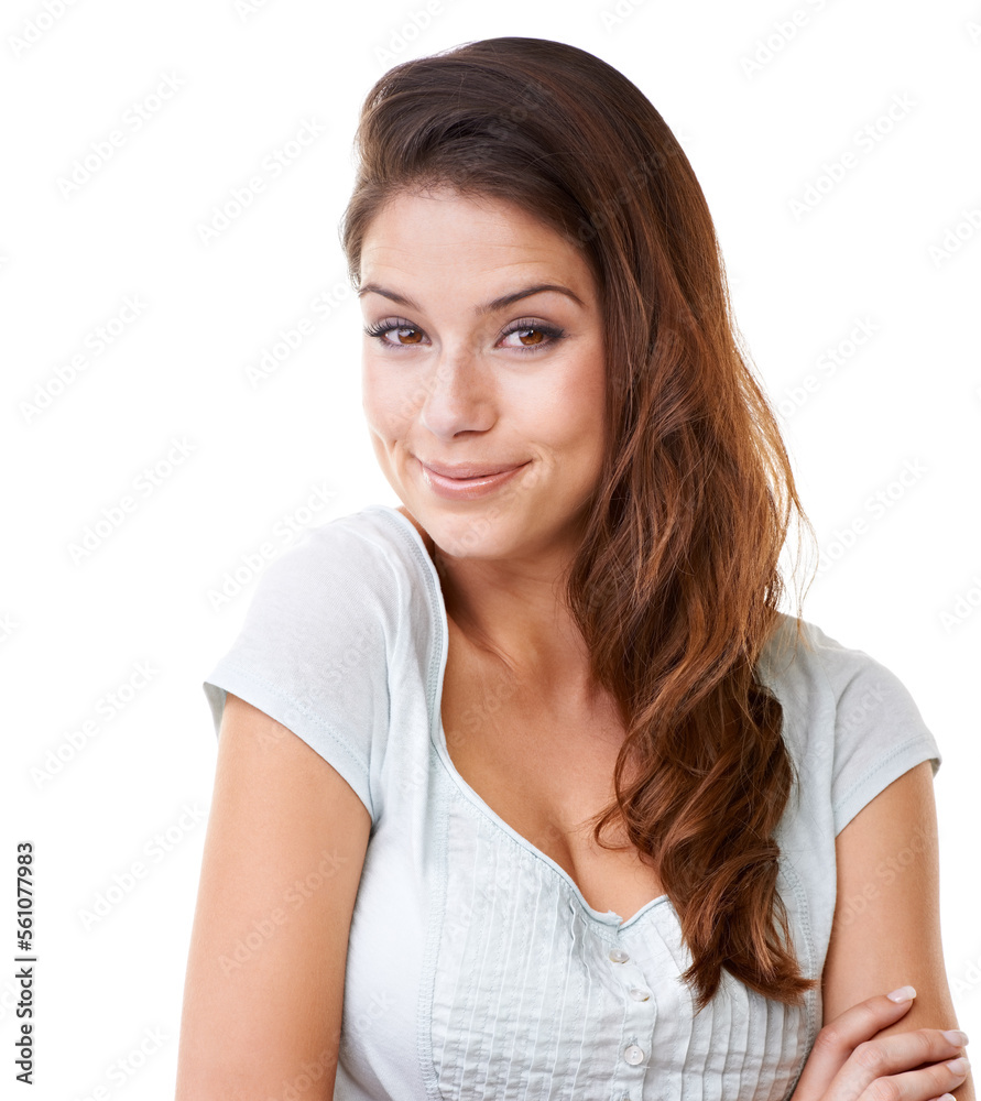 Portrait, woman and face in studio, white background and isolated alone in Texas USA. Young female model, confidence and happy attitude, beauty and long hair care with arms crossed with happiness Portrait, woman and face in studio, white background and isolated alone in Texas USA. Young female model, confidence and happy attitude, beauty and long hair care with arms crossed with happiness