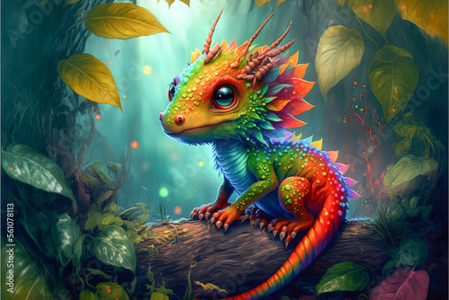 Cute baby bright rainbow colors of a  fantasy dragon, with big eyes, sitting in spring rainforest on a log looking. Realistic detailed, photo theme, made by AI generation.  © touchedbylight