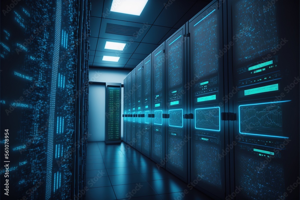 Super computer and quantum server rack in Data center control room. Generetive AI