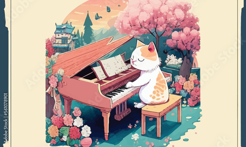 cute anthropomorphic cat playing the piano