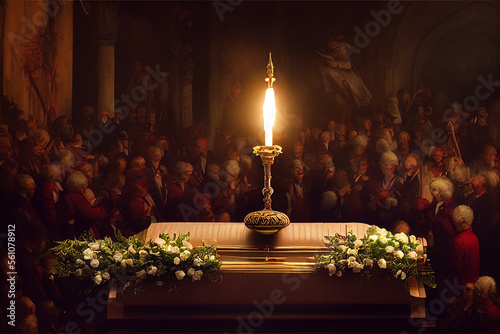 Renaissance gathering in old church artwork medival funeral close up of magical candle