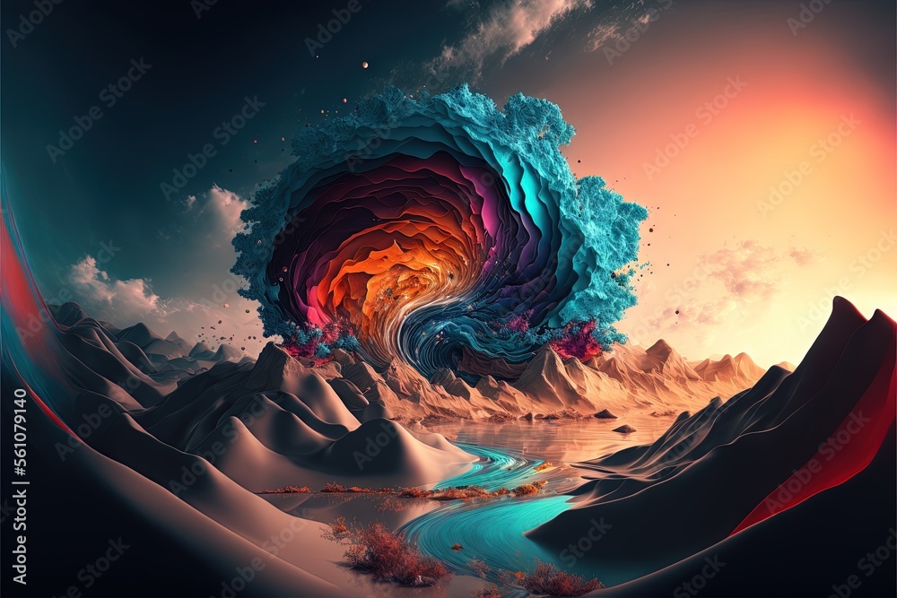  a colorful painting of a mountain landscape with a river running through it and a rainbow swirl coming out of the center of the image, with a blue sky and clouds and a red and.  generative - obrazy, fototapety, plakaty 