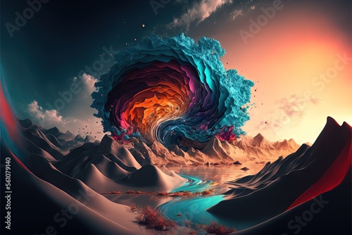 Fotobehang a colorful painting of a mountain landscape with a river running through it and a rainbow swirl coming out of the center of the image, with a blue sky and clouds and a red and