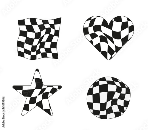 groovy hippie 70s figures geometric shapes checkered twisted and distorted vector