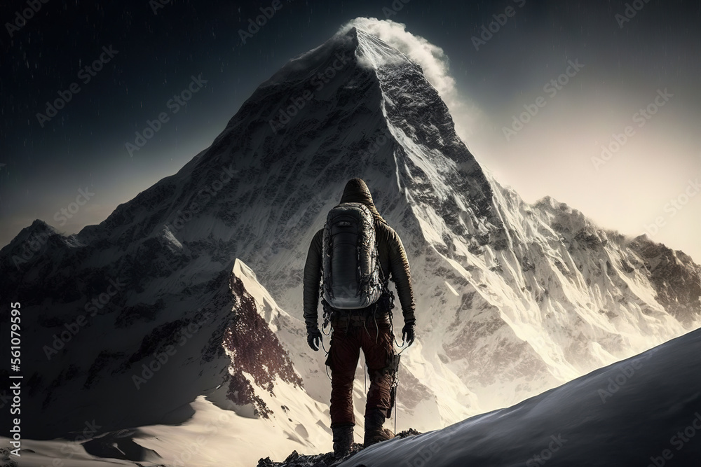 hiker looking at tall snow covered mountain