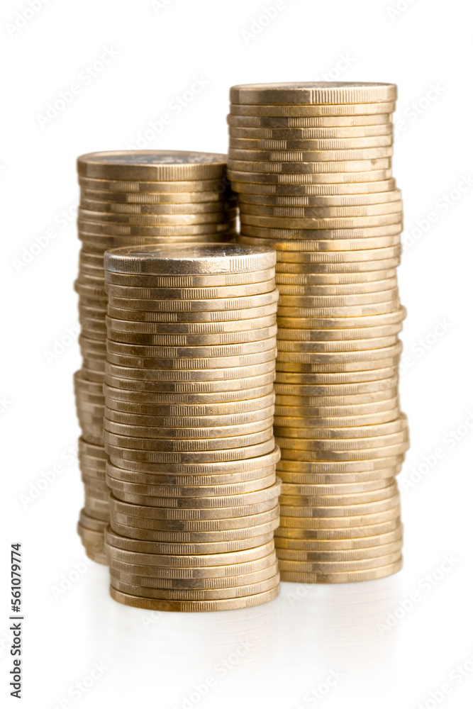 Three piles of Euro Coins money Three piles of Euro Coins money