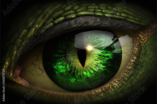 a closeup of a green dragon eye. Generative AI