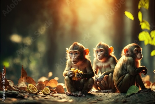 Fototapeta three monkeys sitting on a rock eating fruit in the forest with a sun shining in the background and a tree with leaves and a few other leaves on the ground, with a few,