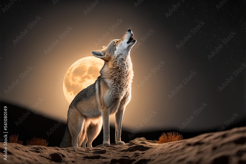 a wolf standing on a hill looking up at the moon in the sky with a full ...