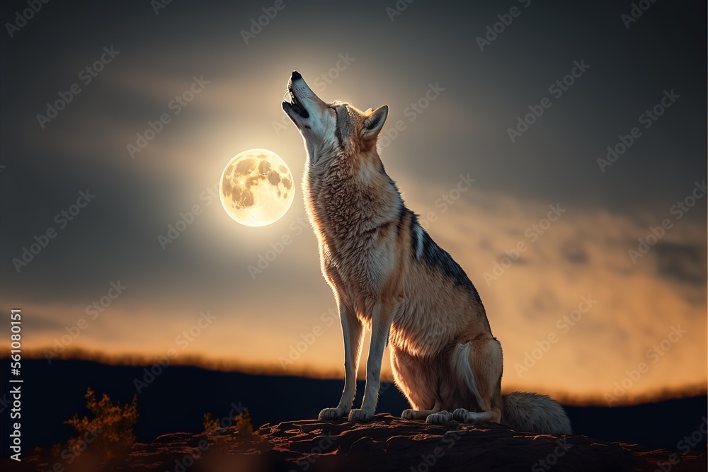 a wolf sitting on a hill with the moon in the background and clouds in ...