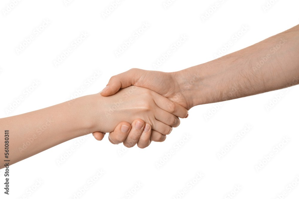 Shaking hands of two people, isolated on white. Male and female hands.